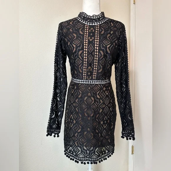 FOR LOVE & LEMONS Black Lace Pattern Open Back Mini Sheath Dress Boho GUC - Picture 3 of 12